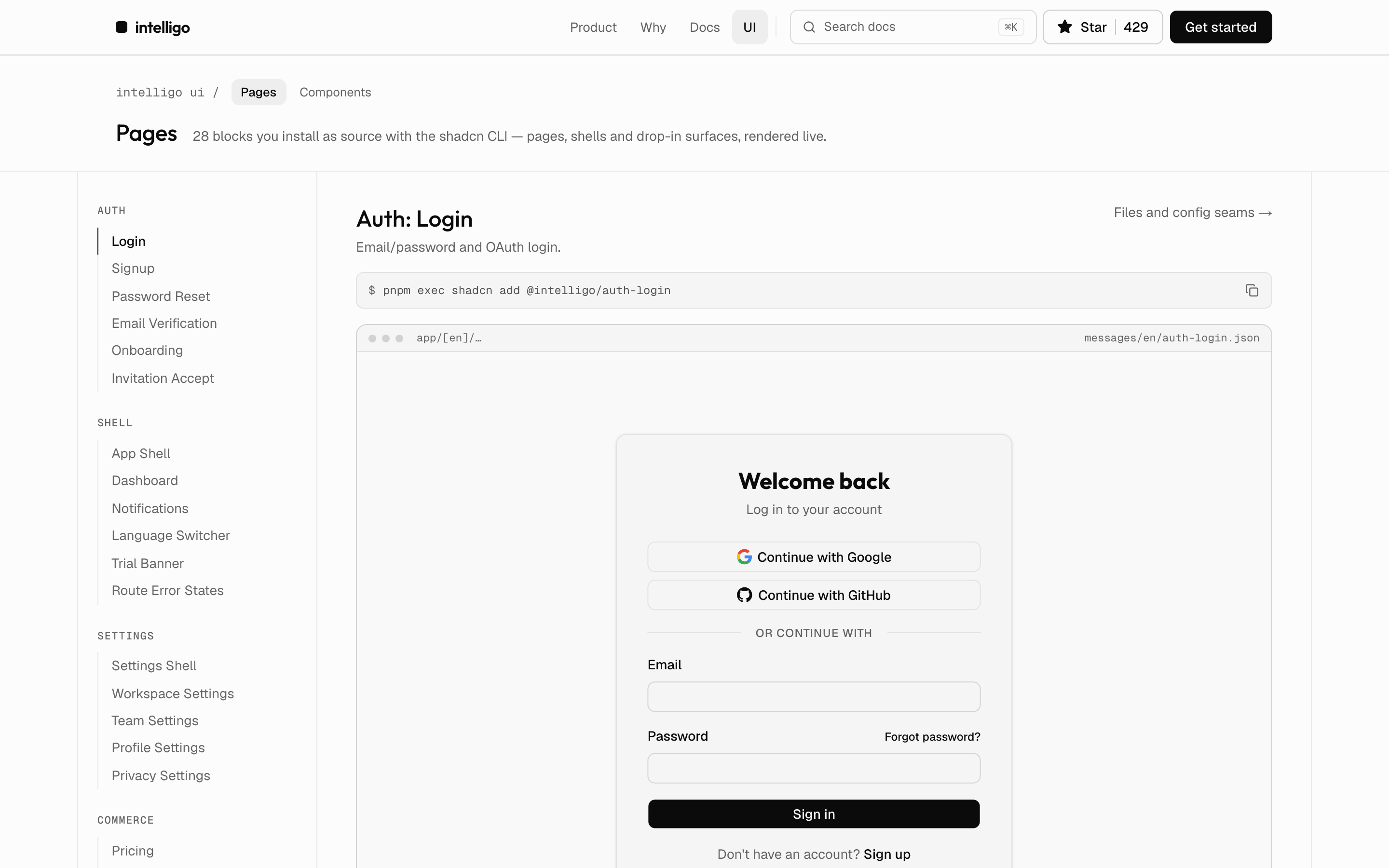 The Intelligo blocks catalogue listing installable pages.
