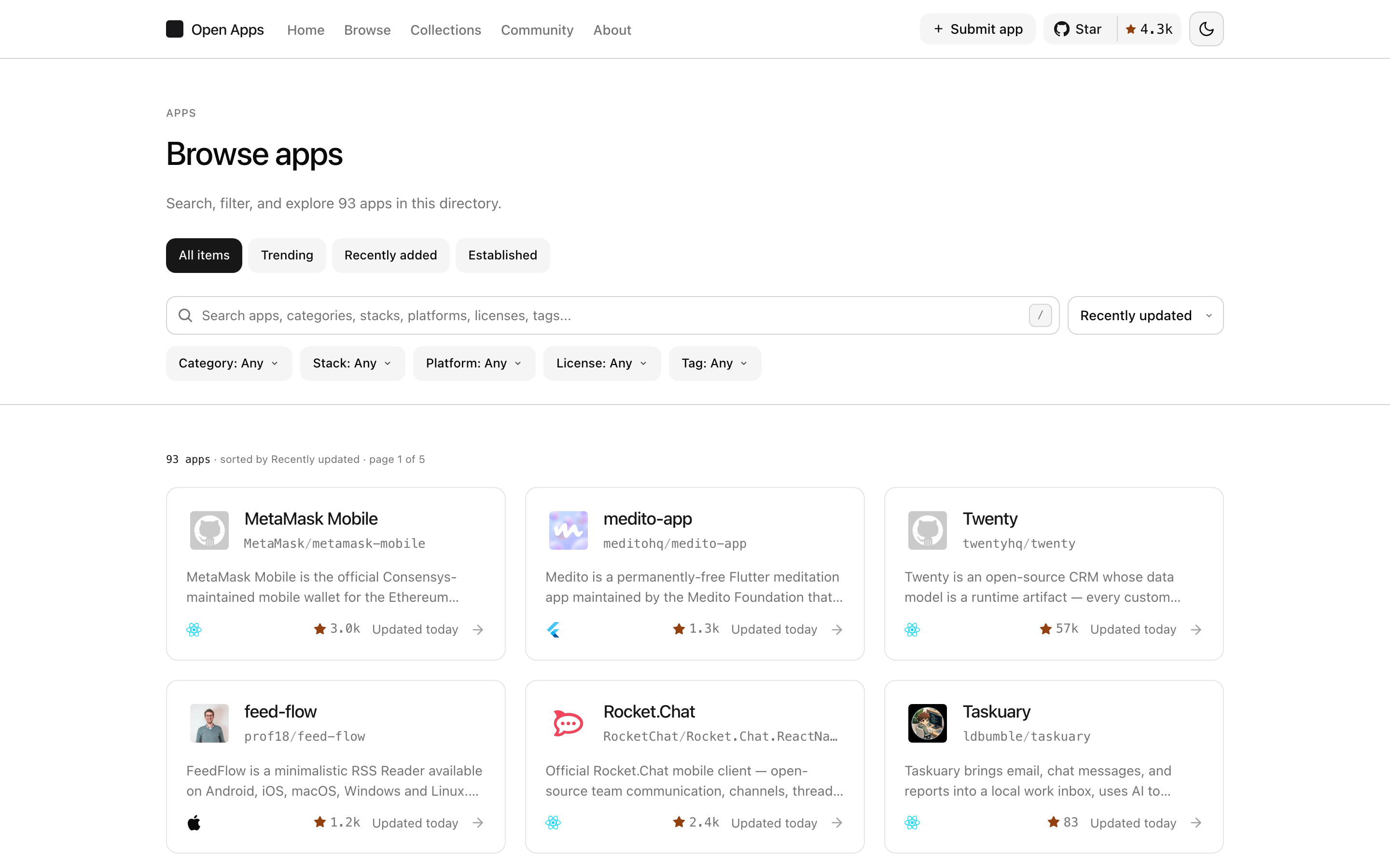 The Open App Scout browse page, listing 93 apps with category, stack, platform and license filters.