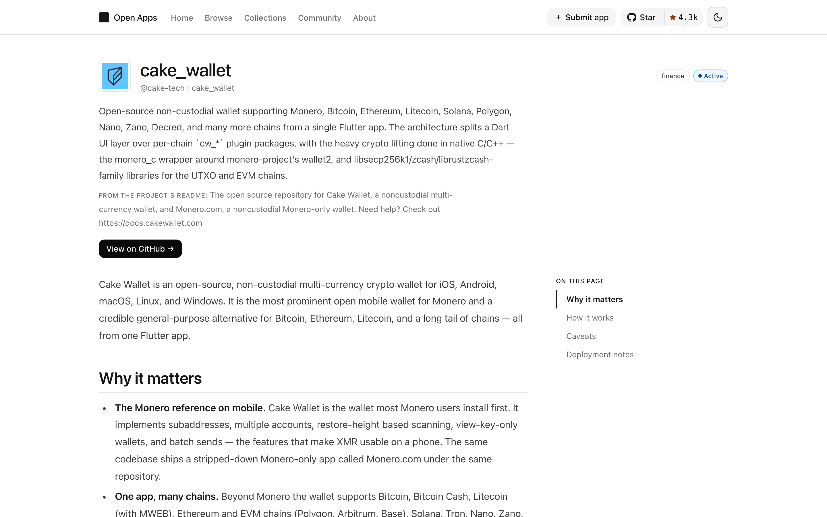 The Open App Scout detail page for Cake Wallet.
