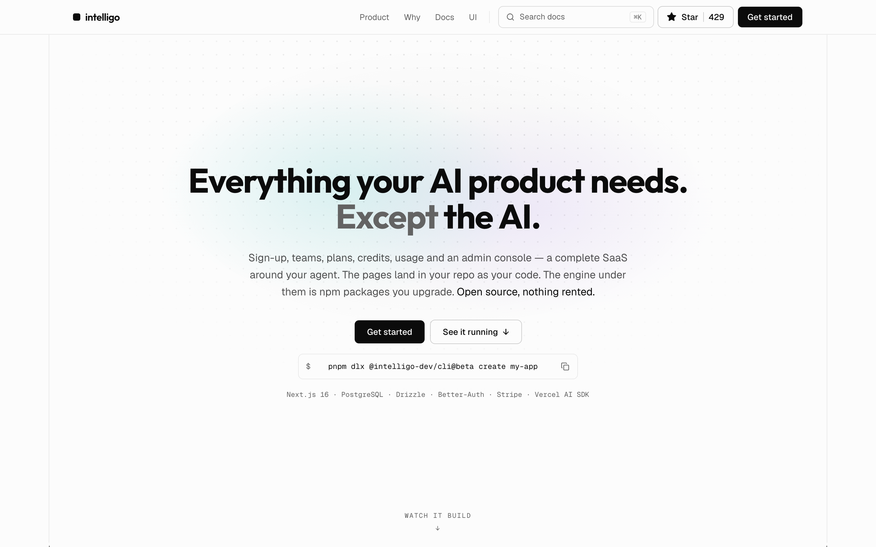 The intelligo.dev homepage, headed “Everything your AI product needs. Except the AI.”